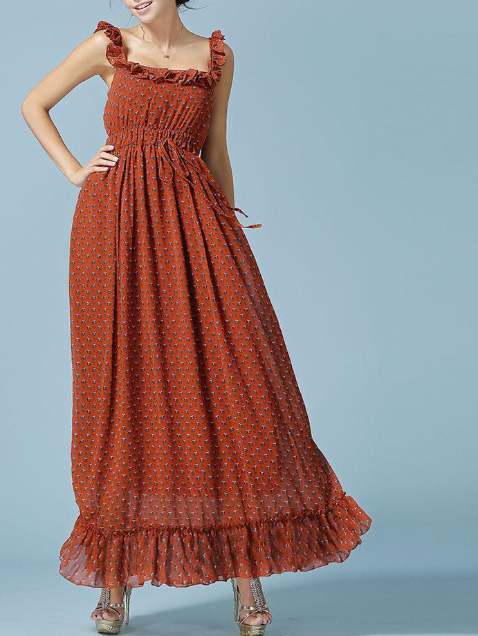 Romwe Square Neck Flower Print Chiffon Maxi Dress