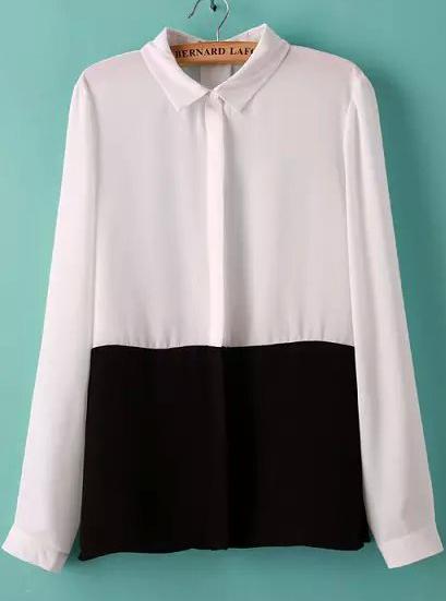 Romwe Color-block Lapel Chiffon Blouse