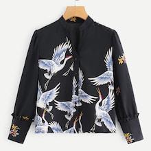 Romwe Frill Detail Crane Print Blouse