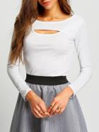 Romwe Long Sleeve Cut Out White T-shirt
