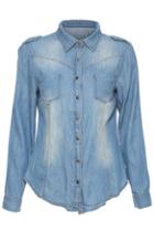 Romwe Pocketed Blue Long-sleeved Denim Shirt