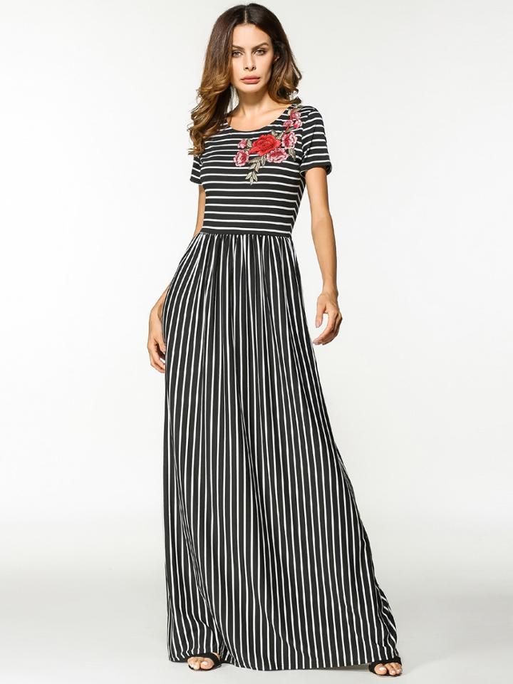 Romwe Flower Appliques Stripe Dress