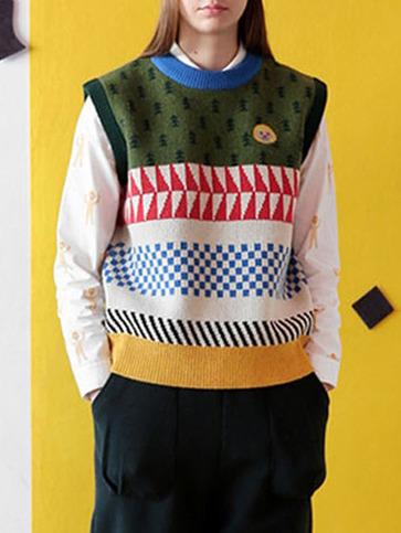 Romwe Sleeveless Color Block Christmas Tree Sweaters