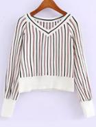Romwe V Neck Vertical Striped White Sweater
