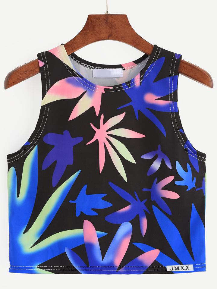 Romwe Multicolor Leaf Print Tank Top