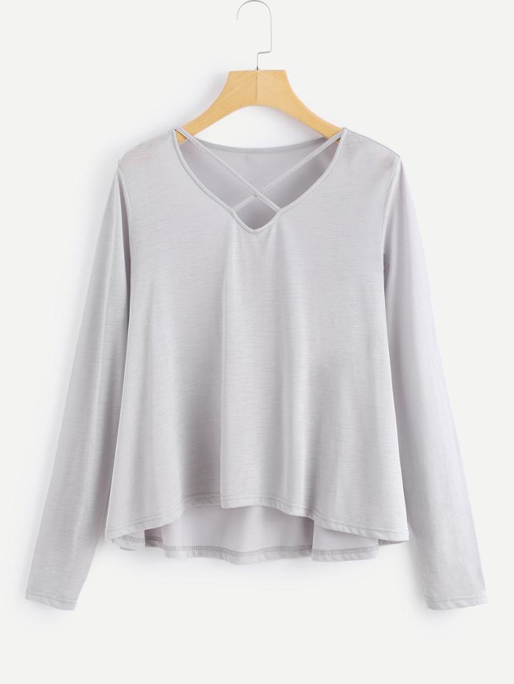 Romwe Criss Cross Front Dip Hem Tee