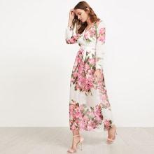 Romwe Floral Print Belted Surplice Cami Dress
