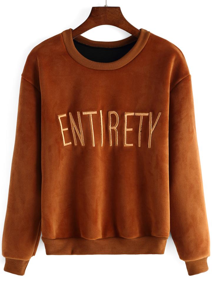 Romwe Round Neck Letter Embroidered Khaki Sweatshirt