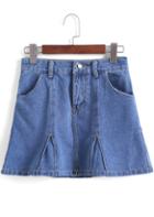 Romwe Blue Pockets Ruffle Denim Skirt