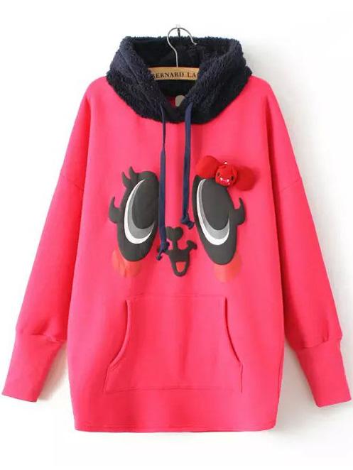 Romwe Hooded Drawstring Eye Pattern Bow Red Sweatshirt