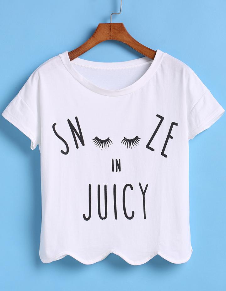 Romwe Letter Print Scalloped Hem T-shirt