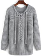 Romwe Long Sleeve Lace Up Grey Sweater