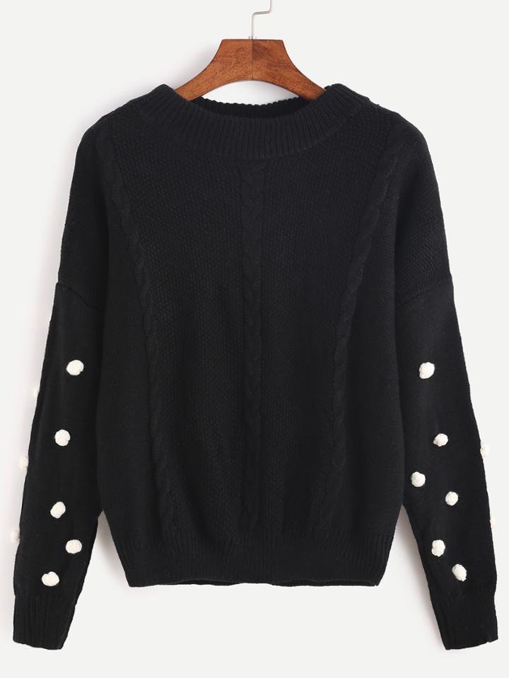 Romwe Black Drop Shoulder Pom Pom Cable Knit Sweater