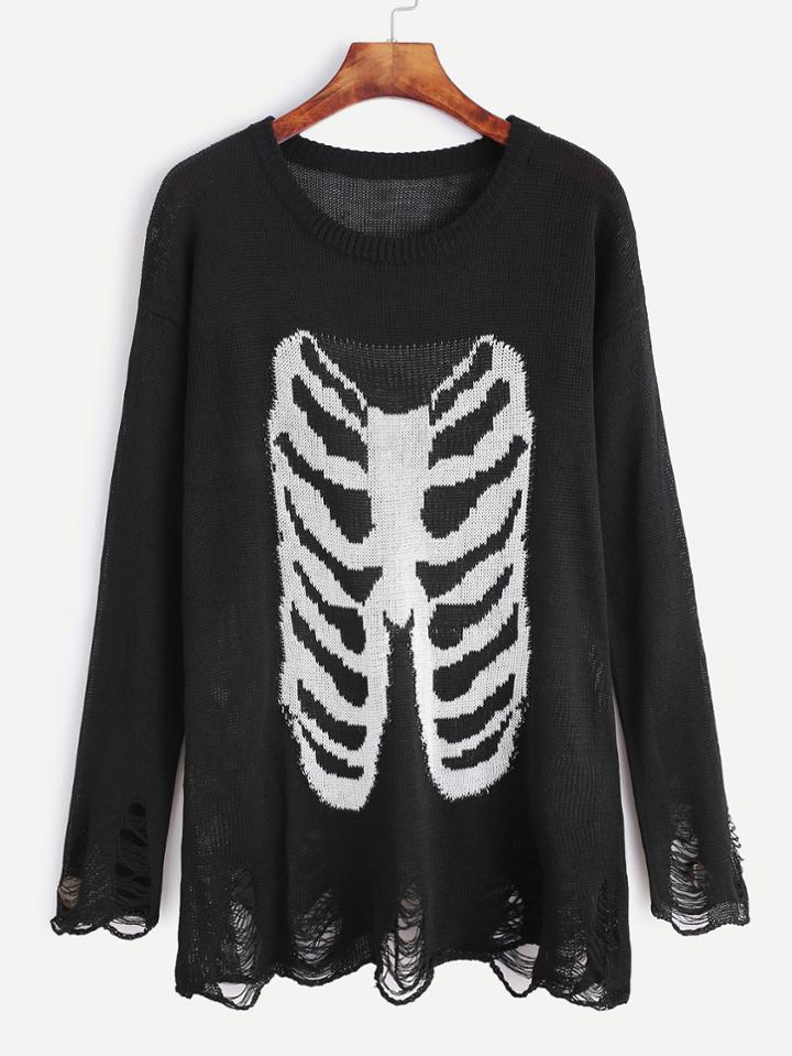 Romwe Black Drop Shoulder Bone Pattern Distressed Sweater