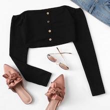 Romwe Button Front Off The Shoulder Tee