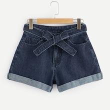 Romwe Waist Tie Rolled Hem Denim Shorts