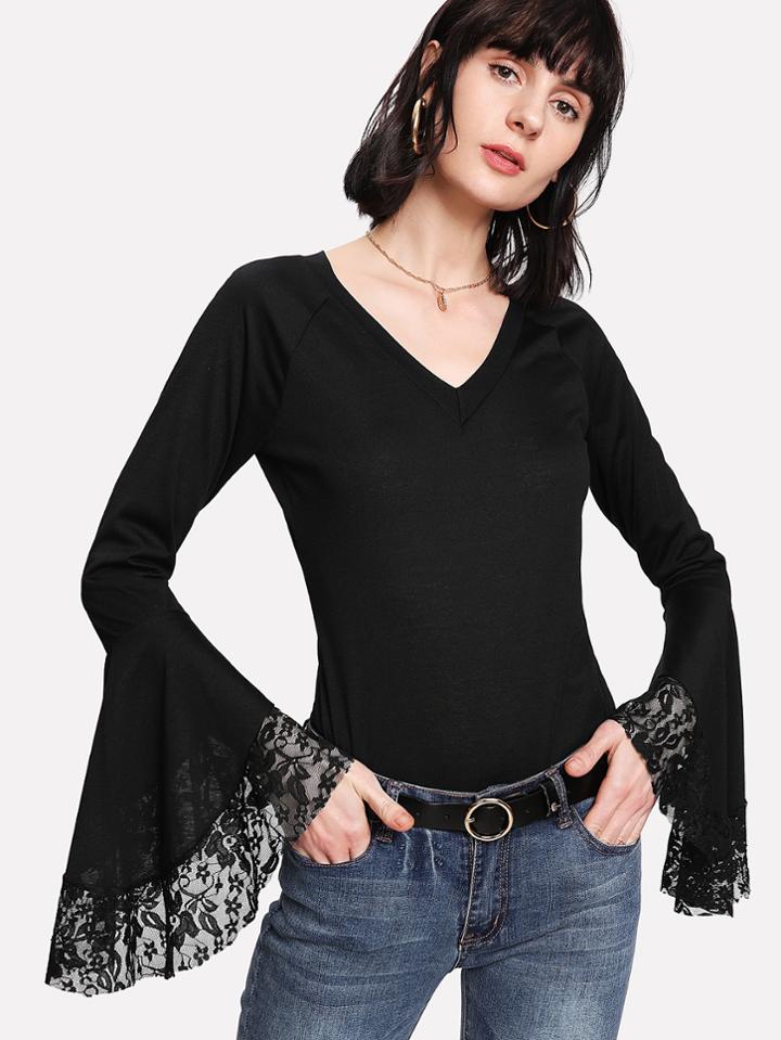 Romwe Fluted Sleeve Lace Panel Tee