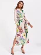 Romwe Self Belted Side Slit Floral And Striped Shirt Dress