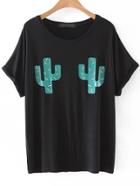 Romwe Black Cactus Print Short Sleeve T-shirt