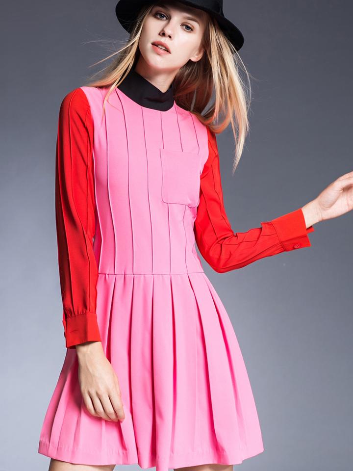 Romwe Pink Stand Collor Long Sleeve Wrinkle Dress