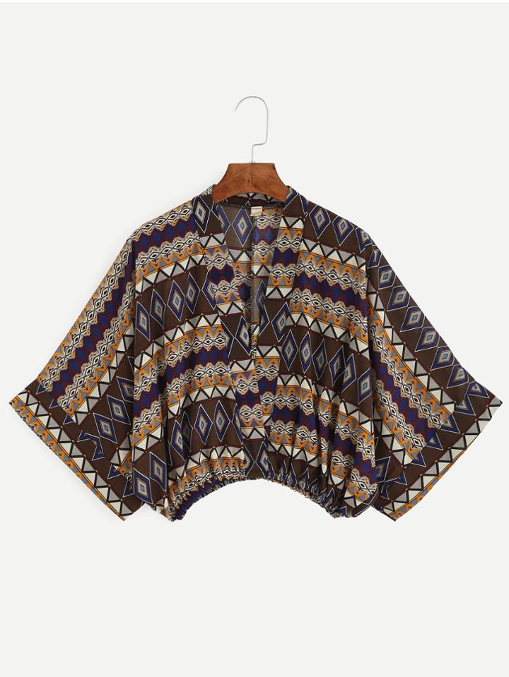 Romwe Multicolor Geo Print Elastic Hem Chiffon Top