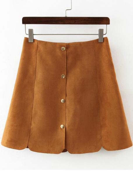Romwe Yellow Buttons Scalloped Slim Skirt