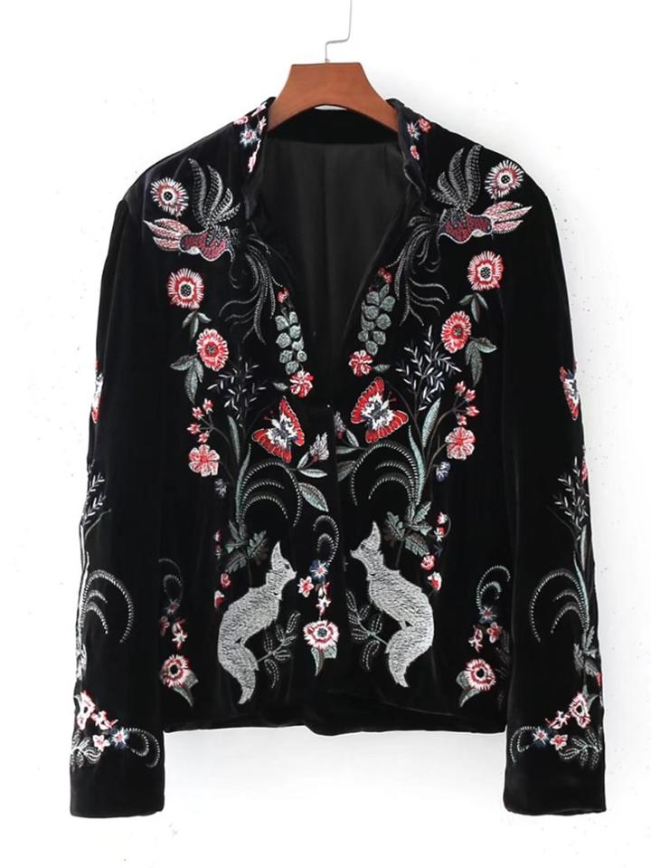 Romwe Embroidery Fox Velvet Blazer