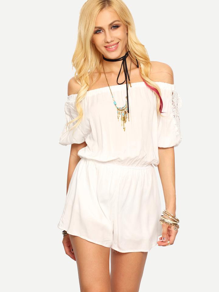 Romwe Lace Insert Off-the-shoulder Blouson Romper - White
