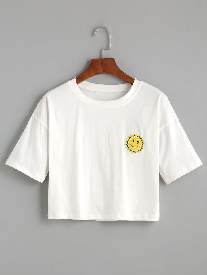Romwe White Sun Embroidered Patch Crop T-shirt