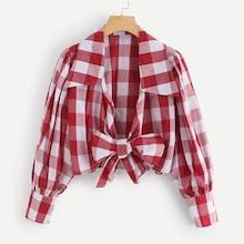 Romwe Knot Hem Plaid Print Blouse