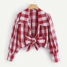 Romwe Knot Hem Plaid Print Blouse