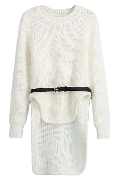 Romwe Asymmetric Belted Sheer White Jumper