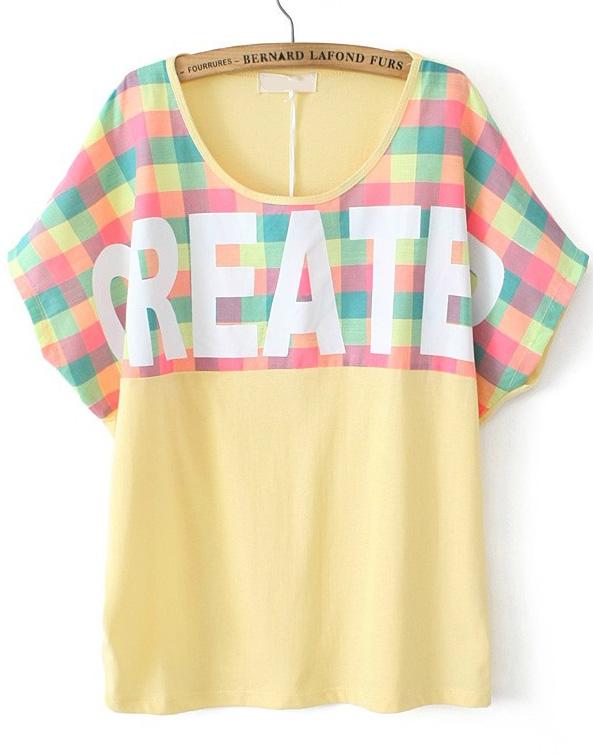 Romwe Check Greater Print Yellow T-shirt