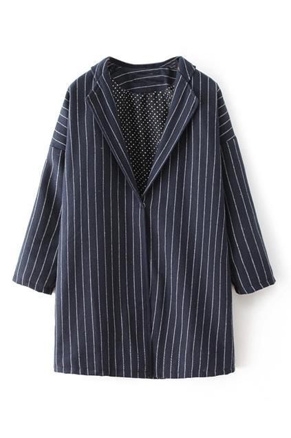 Romwe Striped Lapel Collar Blue Coat