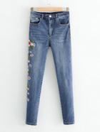 Romwe Flower Embroidery High Waist Skinny Jeans