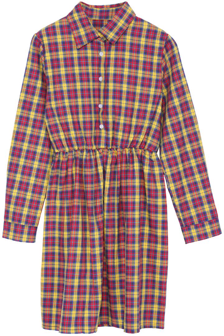 Romwe Plaid Elastic Waist Buttons Yellow Shirt Dress