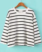 Romwe White Long Sleeve Striped Loose T-shirt