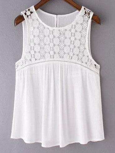 Romwe White Lace Splicing Back Keyhole Tank Top
