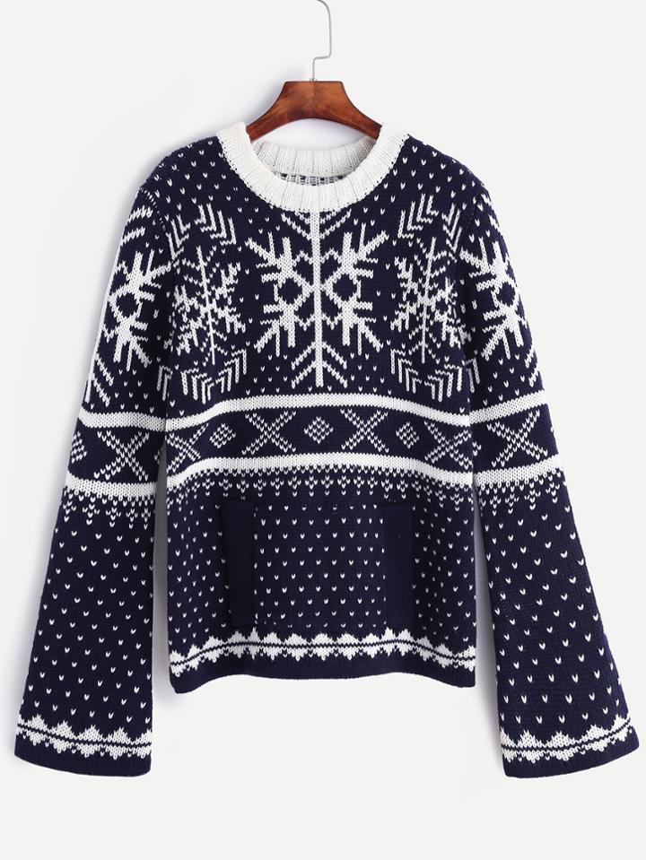 Romwe Navy Snow Ugly Christmas Sweater With Pocket