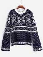 Romwe Navy Snow Ugly Christmas Sweater With Pocket