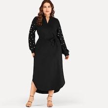 Romwe Plus Pearls Beaded Self Tie Dress