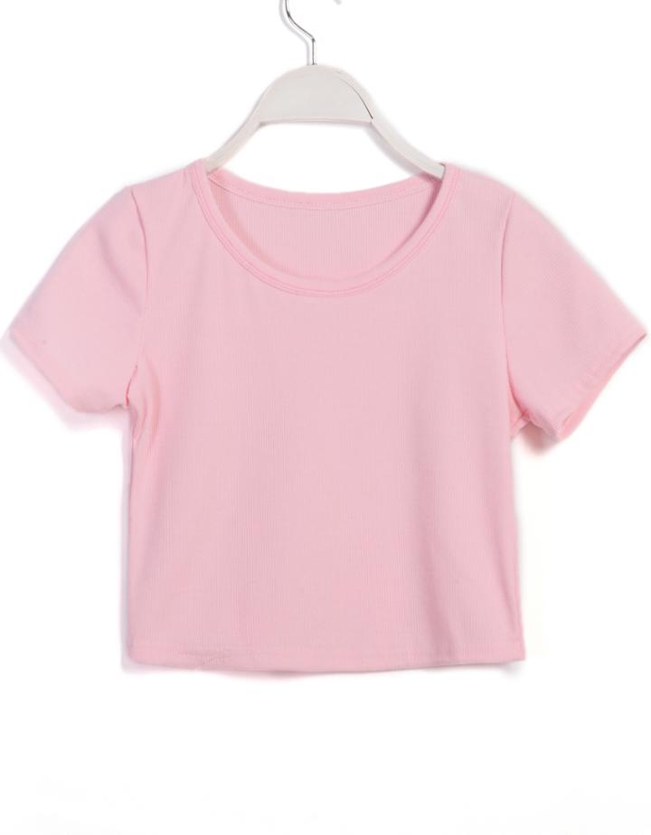 Romwe Round Neck Crop Pink T-shirt