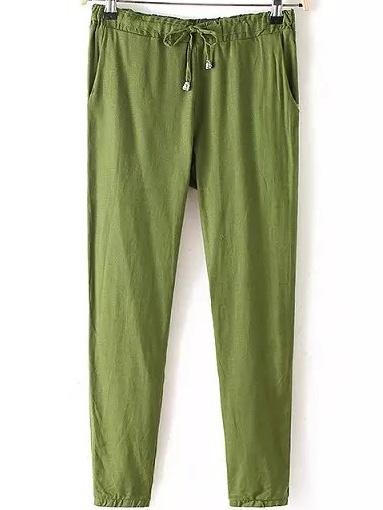 Romwe Elastic Waist Drawstring Green Pant