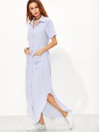 Romwe Vertical Striped Curved Hem Shirt Dress With Pockets