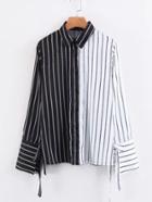 Romwe Tied Cuff Spliced Striped Blouse