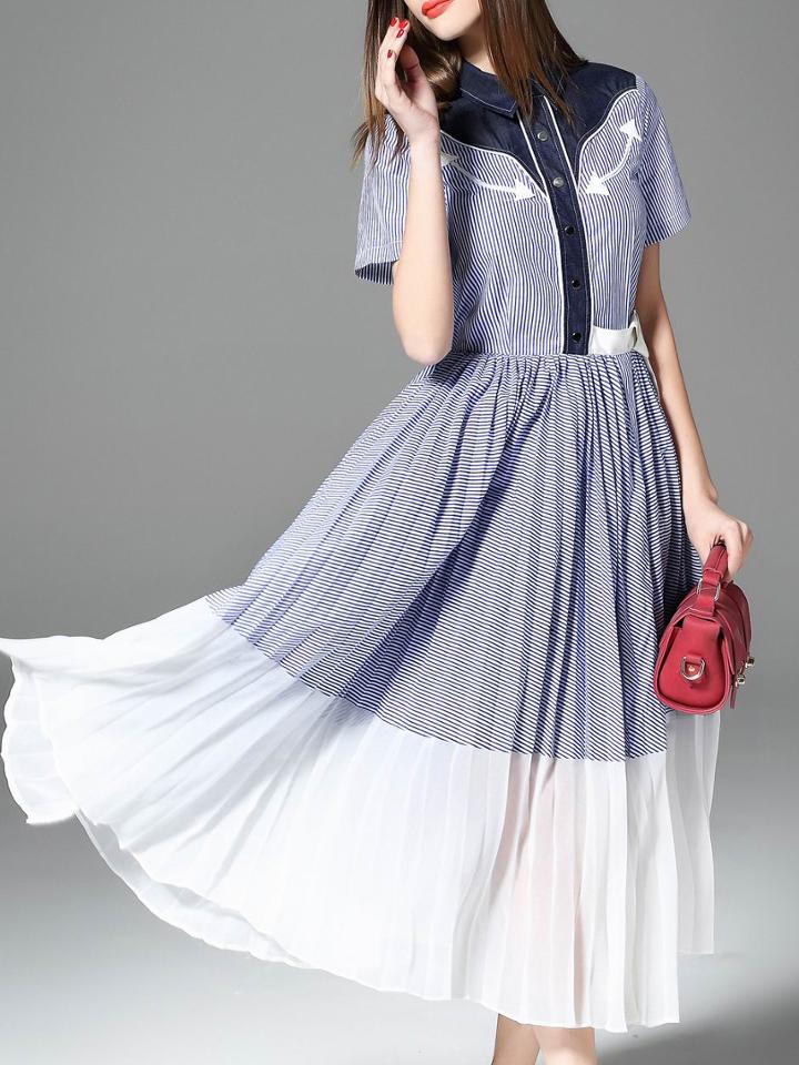 Romwe Blue Lapel Striped Contrast Denim A-line Dress
