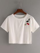 Romwe Bee & Cherry Embroidered Crop T-shirt - White