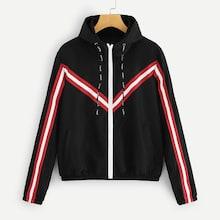 Romwe Striped Panel Zip-up Drawstring Jacket