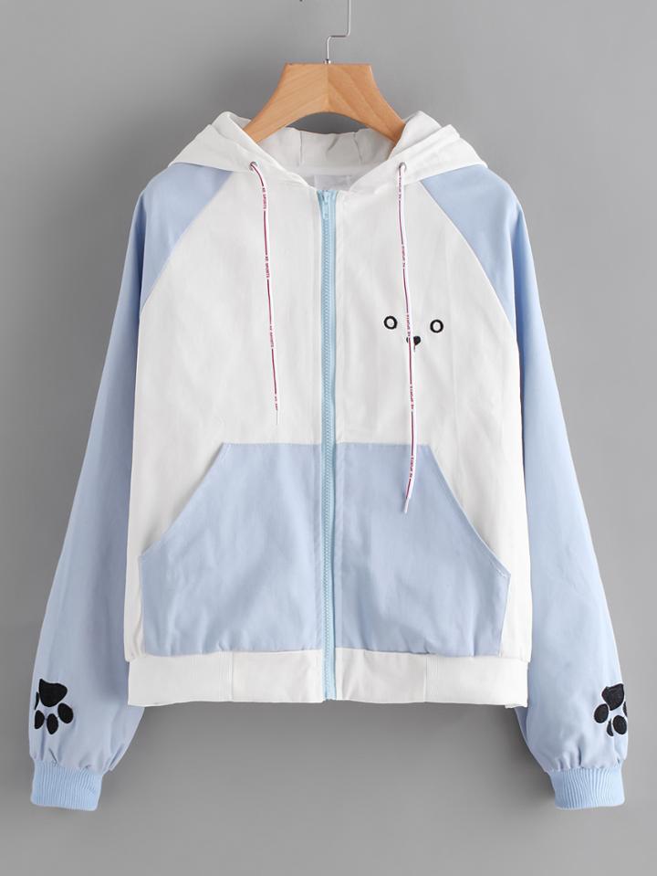 Romwe Paw Embroidered Contrast Sleeve Jacket