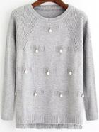 Romwe Dip Hem Bead Slit Grey Sweater